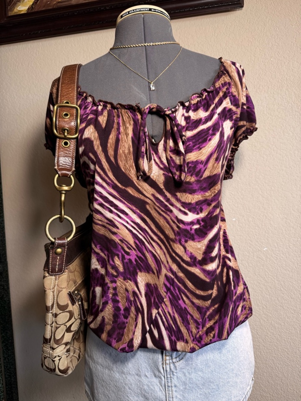 Y2K Vintage Agenda Zebra Striped Blouse Purple Tan L